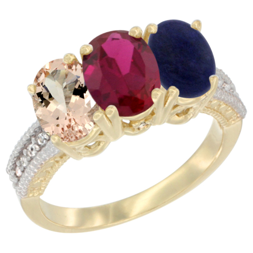 14K Yellow Gold Natural Morganite, Enhanced Ruby & Natural Lapis Ring 3-Stone Oval 7x5 mm Diamond Accent, sizes 5 - 10