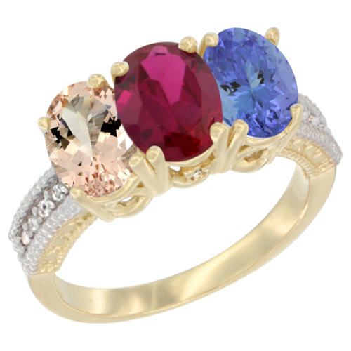 14K Yellow Gold Natural Morganite, Enhanced Ruby & Natural Tanzanite Ring 3-Stone Oval 7x5 mm Diamond Accent, sizes 5 - 10
