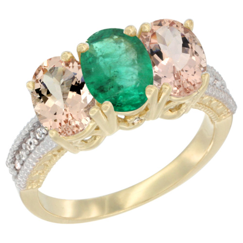 10K Yellow Gold Natural Emerald & Morganite Ring 3-Stone Oval 7x5 mm, sizes 5 - 10