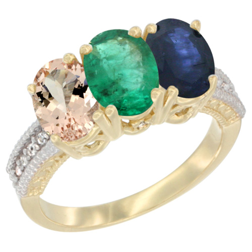 10K Yellow Gold Natural Morganite, Emerald & Blue Sapphire Ring 3-Stone Oval 7x5 mm, sizes 5 - 10