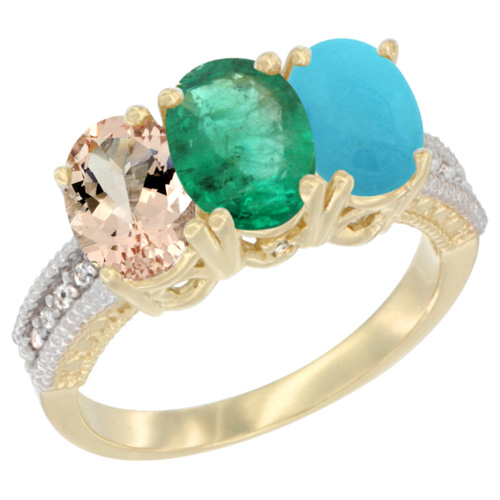 10K Yellow Gold Natural Morganite, Emerald & Turquoise Ring 3-Stone Oval 7x5 mm, sizes 5 - 10