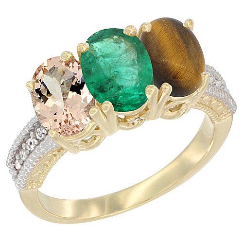 10K Yellow Gold Natural Morganite, Emerald & Tiger Eye Ring 3-Stone Oval 7x5 mm, sizes 5 - 10