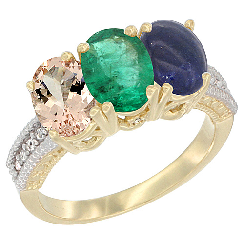 10K Yellow Gold Natural Morganite, Emerald & Lapis Ring 3-Stone Oval 7x5 mm, sizes 5 - 10