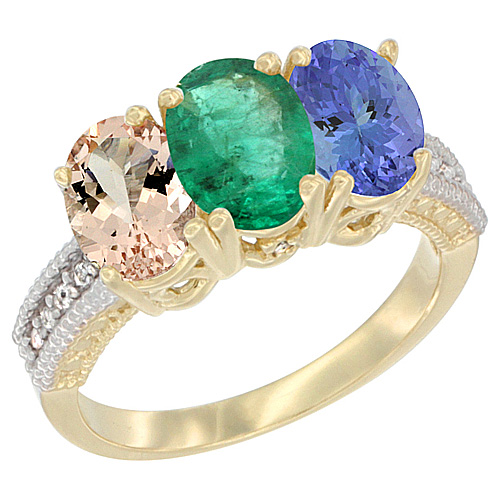 10K Yellow Gold Natural Morganite, Emerald & Tanzanite Ring 3-Stone Oval 7x5 mm, sizes 5 - 10