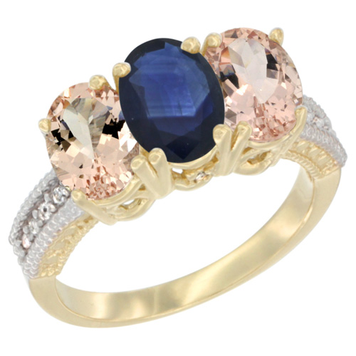 10K Yellow Gold Natural Blue Sapphire & Morganite Ring 3-Stone Oval 7x5 mm, sizes 5 - 10