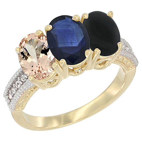 10K Yellow Gold Natural Morganite, Blue Sapphire & Black Onyx Ring 3-Stone Oval 7x5 mm, sizes 5 - 10