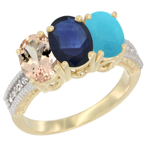 10K Yellow Gold Natural Morganite, Blue Sapphire & Turquoise Ring 3-Stone Oval 7x5 mm, sizes 5 - 10