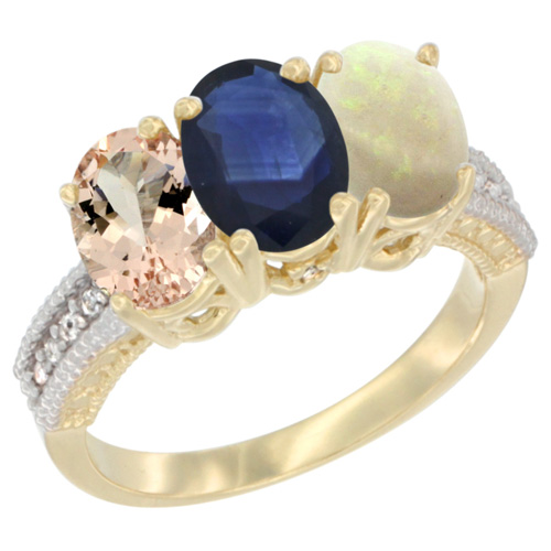 10K Yellow Gold Natural Morganite, Blue Sapphire & Opal Ring 3-Stone Oval 7x5 mm, sizes 5 - 10