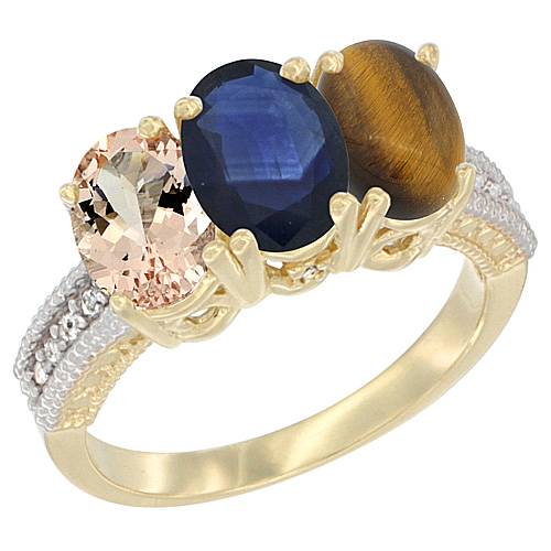 10K Yellow Gold Natural Morganite, Blue Sapphire & Tiger Eye Ring 3-Stone Oval 7x5 mm, sizes 5 - 10