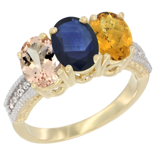 10K Yellow Gold Natural Morganite, Blue Sapphire & Whisky Quartz Ring 3-Stone Oval 7x5 mm, sizes 5 - 10