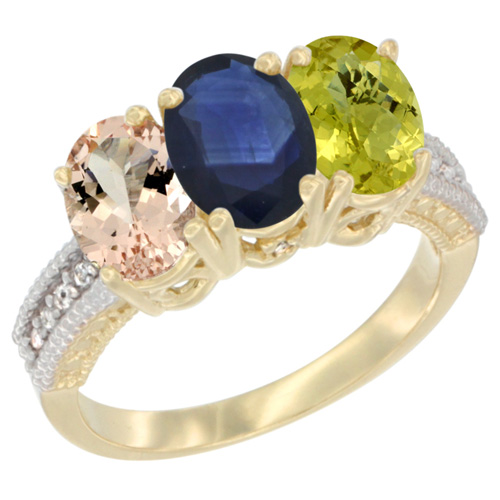 10K Yellow Gold Natural Morganite, Blue Sapphire & Lemon Quartz Ring 3-Stone Oval 7x5 mm, sizes 5 - 10