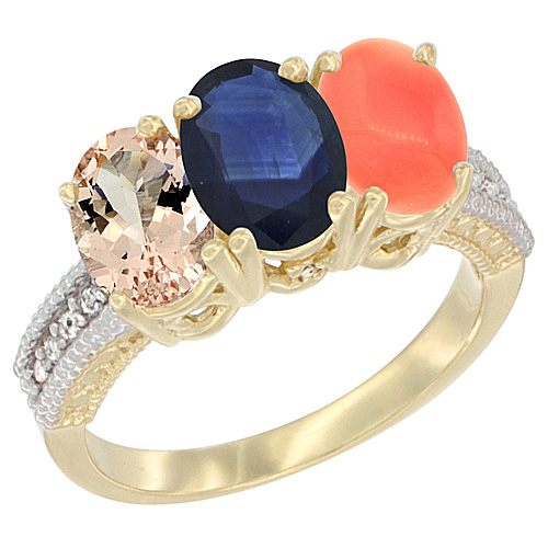 10K Yellow Gold Natural Morganite, Blue Sapphire & Coral Ring 3-Stone Oval 7x5 mm, sizes 5 - 10