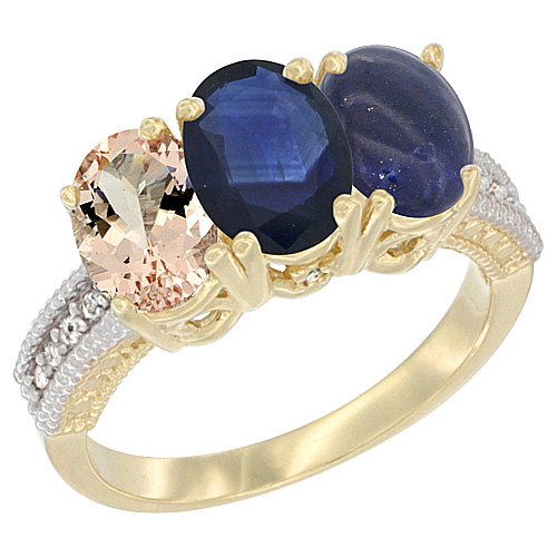 10K Yellow Gold Natural Morganite, Blue Sapphire & Lapis Ring 3-Stone Oval 7x5 mm, sizes 5 - 10
