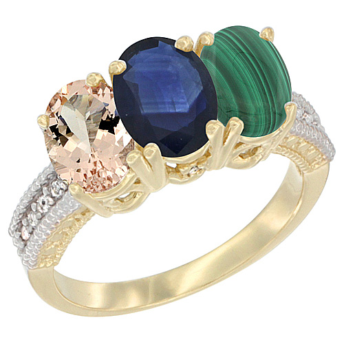 10K Yellow Gold Natural Morganite, Blue Sapphire & Malachite Ring 3-Stone Oval 7x5 mm, sizes 5 - 10