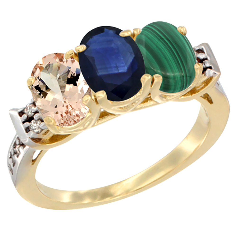 10K Yellow Gold Natural Morganite, Blue Sapphire & Malachite Ring 3-Stone Oval 7x5 mm Diamond Accent, sizes 5 - 10