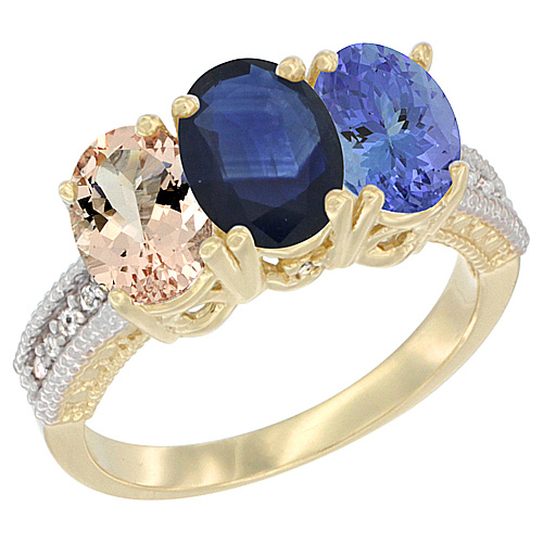 10K Yellow Gold Natural Morganite, Blue Sapphire & Tanzanite Ring 3-Stone Oval 7x5 mm, sizes 5 - 10