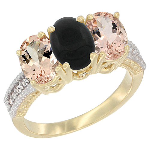 10K Yellow Gold Natural Black Onyx & Morganite Ring 3-Stone Oval 7x5 mm, sizes 5 - 10