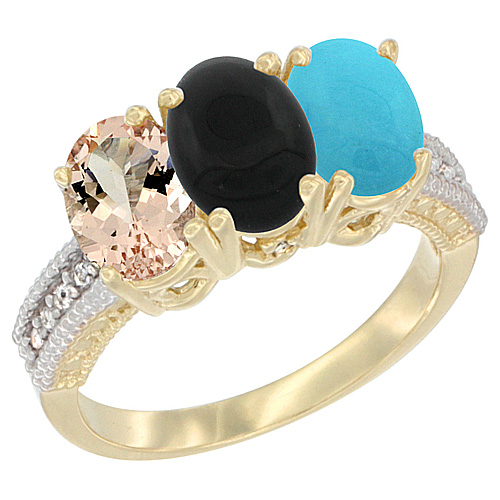 10K Yellow Gold Natural Morganite, Black Onyx & Turquoise Ring 3-Stone Oval 7x5 mm, sizes 5 - 10