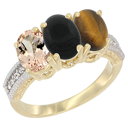 10K Yellow Gold Natural Morganite, Black Onyx & Tiger Eye Ring 3-Stone Oval 7x5 mm, sizes 5 - 10