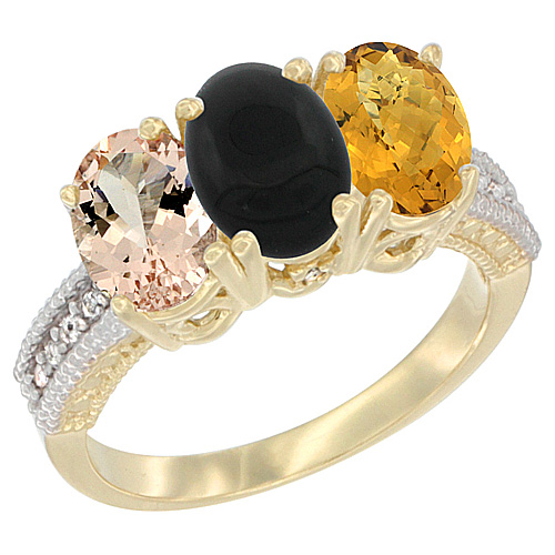 10K Yellow Gold Natural Morganite, Black Onyx & Whisky Quartz Ring 3-Stone Oval 7x5 mm, sizes 5 - 10