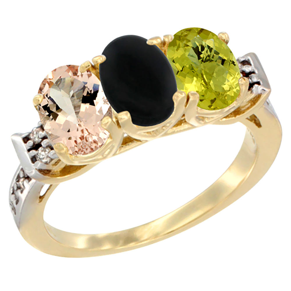 10K Yellow Gold Natural Morganite, Black Onyx & Lemon Quartz Ring 3-Stone Oval 7x5 mm Diamond Accent, sizes 5 - 10