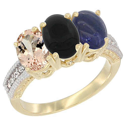 10K Yellow Gold Natural Morganite, Black Onyx & Lapis Ring 3-Stone Oval 7x5 mm, sizes 5 - 10