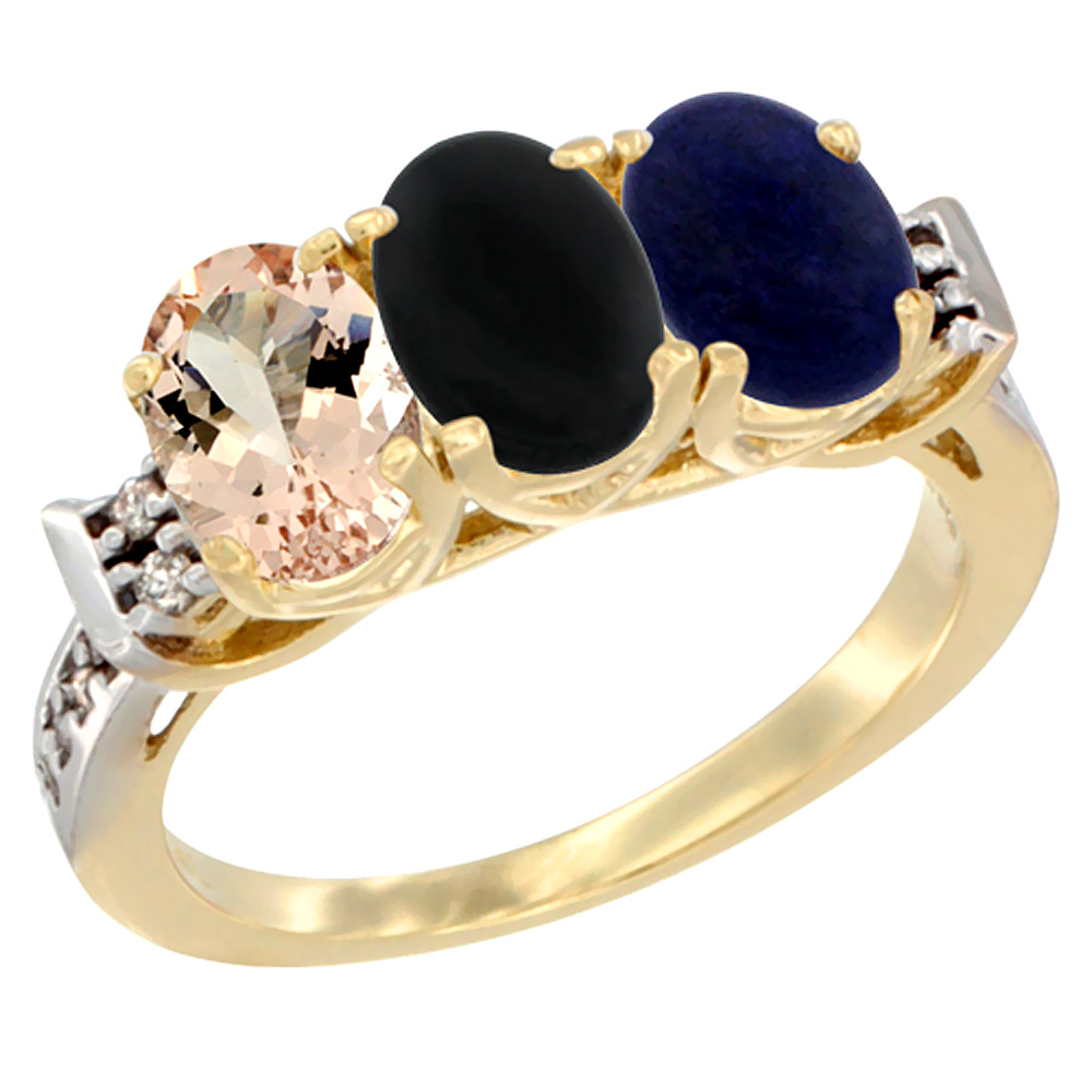 10K Yellow Gold Natural Morganite, Black Onyx & Lapis Ring 3-Stone Oval 7x5 mm Diamond Accent, sizes 5 - 10
