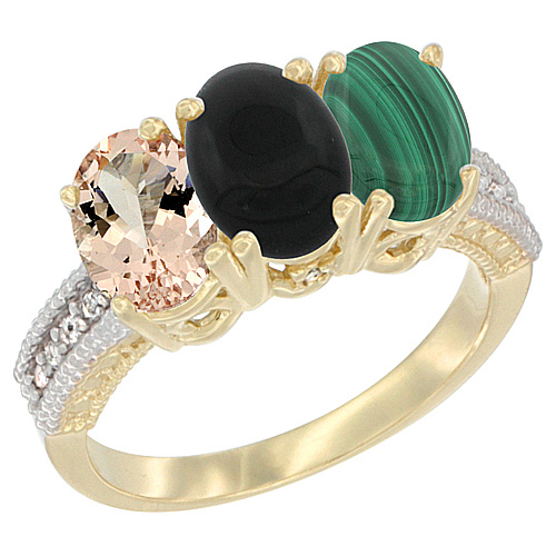 10K Yellow Gold Natural Morganite, Black Onyx & Malachite Ring 3-Stone Oval 7x5 mm, sizes 5 - 10
