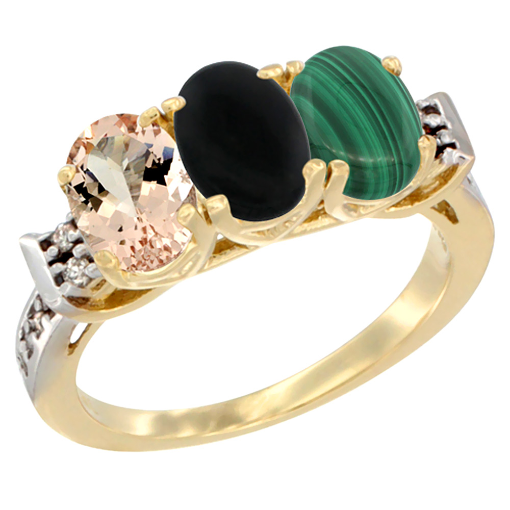 10K Yellow Gold Natural Morganite, Black Onyx & Malachite Ring 3-Stone Oval 7x5 mm Diamond Accent, sizes 5 - 10