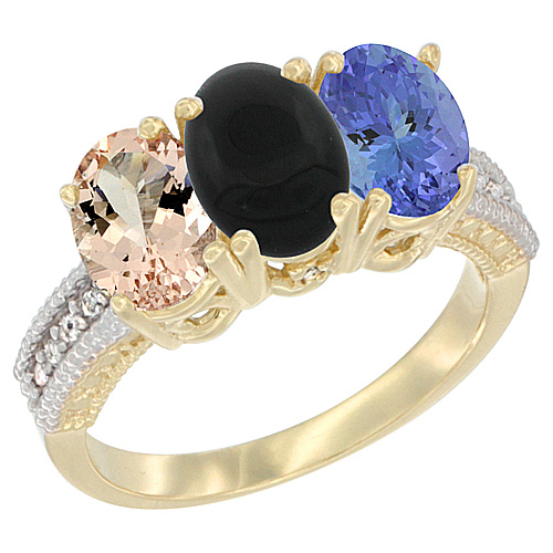 10K Yellow Gold Natural Morganite, Black Onyx & Tanzanite Ring 3-Stone Oval 7x5 mm, sizes 5 - 10
