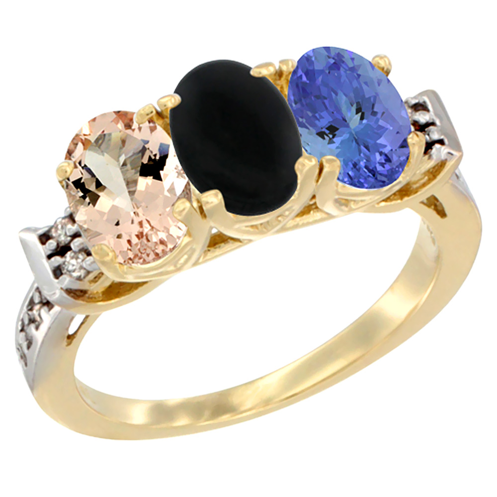 10K Yellow Gold Natural Morganite, Black Onyx & Tanzanite Ring 3-Stone Oval 7x5 mm Diamond Accent, sizes 5 - 10