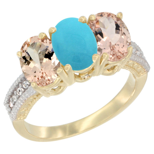 14K Yellow Gold Natural Turquoise & Morganite Sides Ring 3-Stone Oval 7x5 mm Diamond Accent, sizes 5 - 10