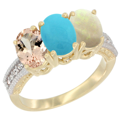14K Yellow Gold Natural Morganite, Turquoise & Opal Ring 3-Stone Oval 7x5 mm Diamond Accent, sizes 5 - 10