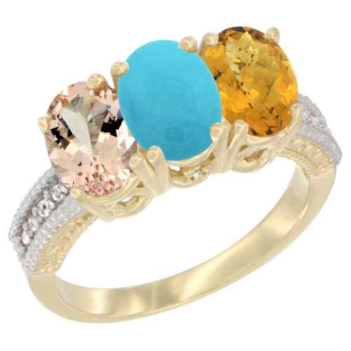 14K Yellow Gold Natural Morganite, Turquoise & Whisky Quartz Ring 3-Stone Oval 7x5 mm Diamond Accent, sizes 5 - 10