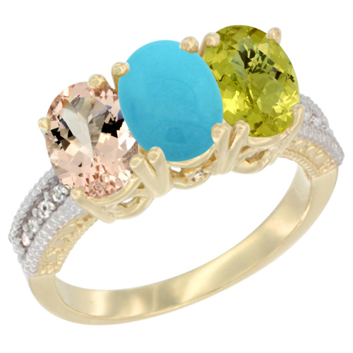 14K Yellow Gold Natural Morganite, Turquoise & Lemon Quartz Ring 3-Stone Oval 7x5 mm Diamond Accent, sizes 5 - 10