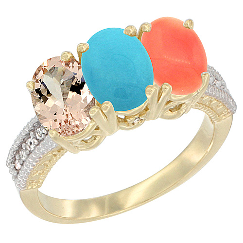 14K Yellow Gold Natural Morganite, Turquoise & Coral Ring 3-Stone Oval 7x5 mm Diamond Accent, sizes 5 - 10