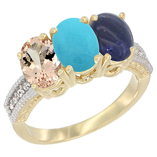 10K Yellow Gold Natural Morganite, Turquoise & Lapis Ring 3-Stone Oval 7x5 mm, sizes 5 - 10