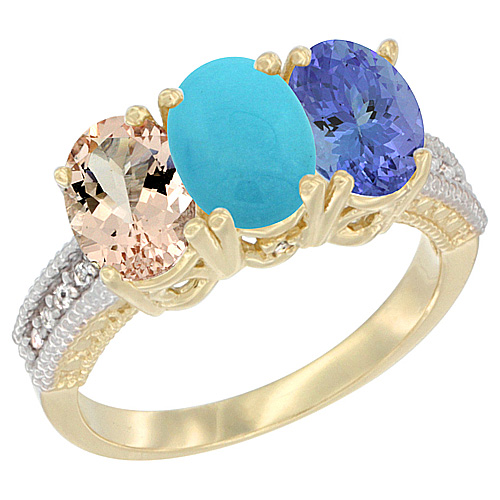 10K Yellow Gold Natural Morganite, Turquoise & Tanzanite Ring 3-Stone Oval 7x5 mm, sizes 5 - 10