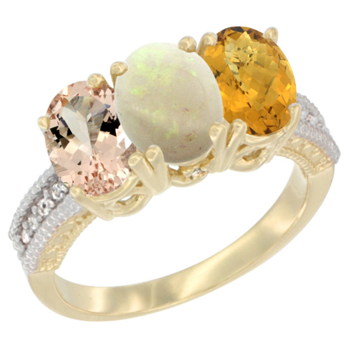 14K Yellow Gold Natural Morganite, Opal & Whisky Quartz Ring 3-Stone Oval 7x5 mm Diamond Accent, sizes 5 - 10