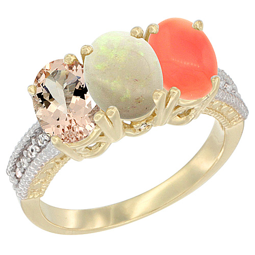 14K Yellow Gold Natural Morganite, Opal & Coral Ring 3-Stone Oval 7x5 mm Diamond Accent, sizes 5 - 10