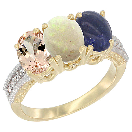 10K Yellow Gold Natural Morganite, Opal & Lapis Ring 3-Stone Oval 7x5 mm, sizes 5 - 10