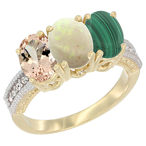 10K Yellow Gold Natural Morganite, Opal & Malachite Ring 3-Stone Oval 7x5 mm, sizes 5 - 10