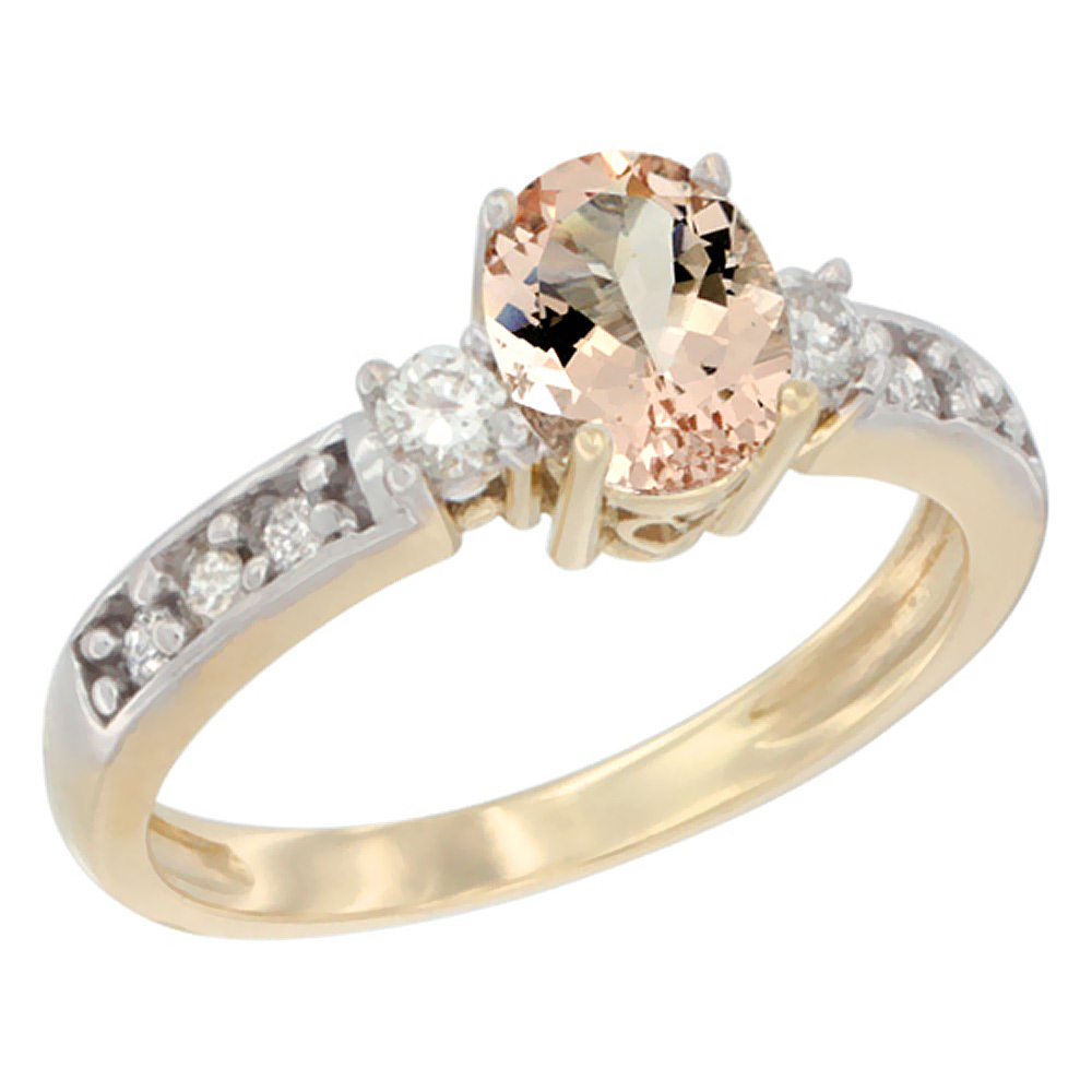 14K Yellow Gold Natural Morganite Ring Oval 7x5 mm Diamond Accent, sizes 5 - 10