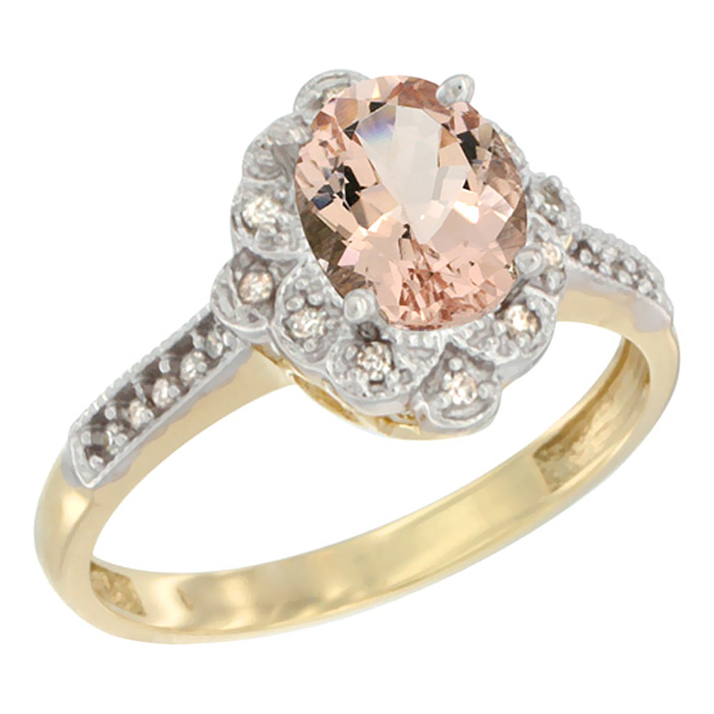 14K Yellow Gold Natural Morganite Ring Oval 8x6 mm Floral Diamond Halo, sizes 5 - 10