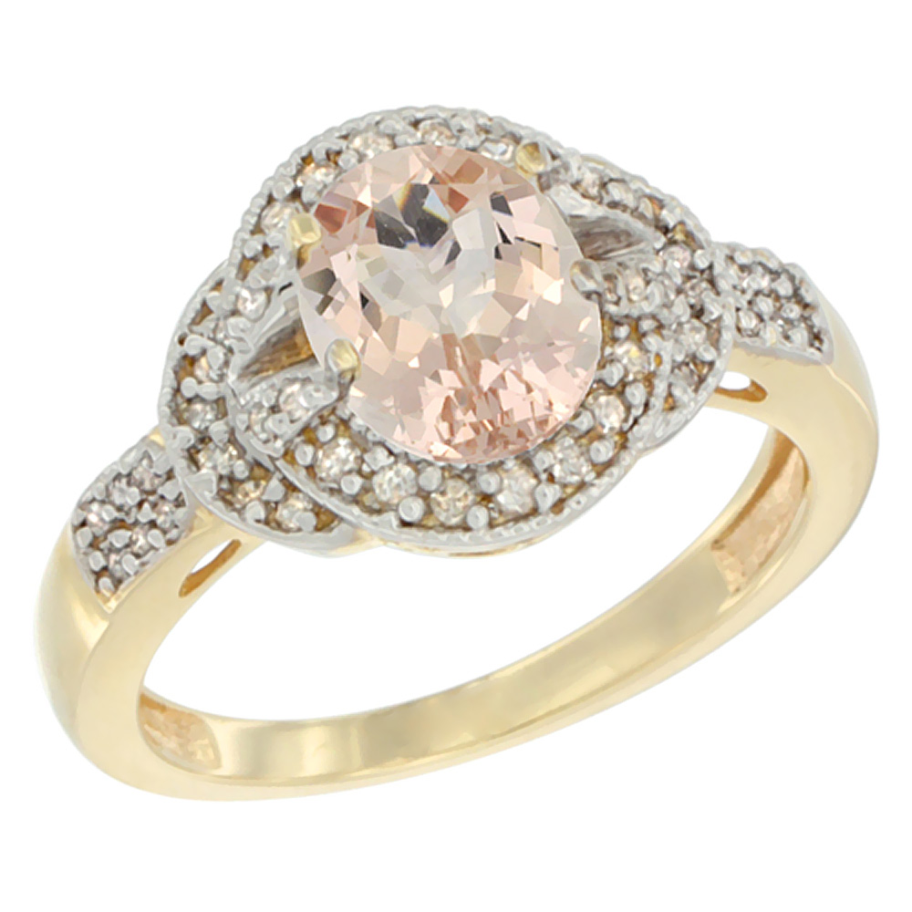 14K Yellow Gold Natural Morganite Ring Oval 8x6 mm Diamond Accent, sizes 5 - 10