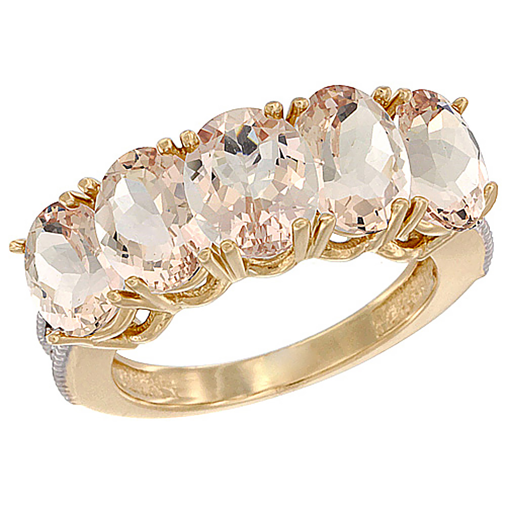 14K Yellow Gold Natural Morganite 0.67 ct. Oval 7x5mm 5-Stone Mother's Ring with Diamond Accents, sizes 5 to 10 with half sizes