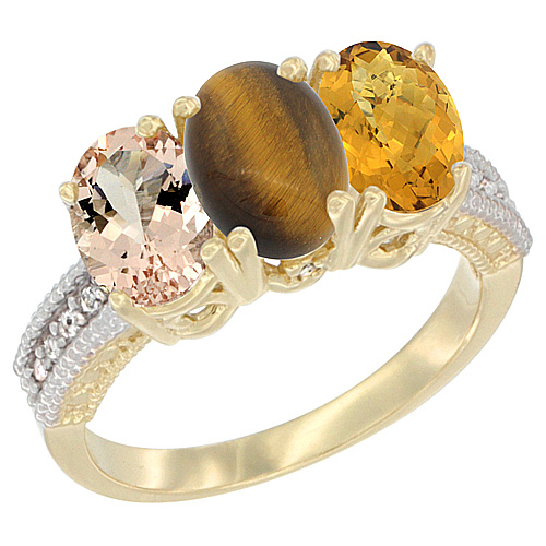 10K Yellow Gold Natural Morganite, Tiger Eye & Whisky Quartz Ring 3-Stone Oval 7x5 mm, sizes 5 - 10