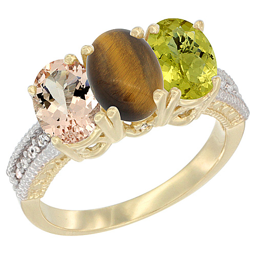 10K Yellow Gold Natural Morganite, Tiger Eye & Lemon Quartz Ring 3-Stone Oval 7x5 mm, sizes 5 - 10
