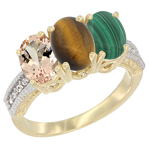 10K Yellow Gold Natural Morganite, Tiger Eye & Malachite Ring 3-Stone Oval 7x5 mm, sizes 5 - 10