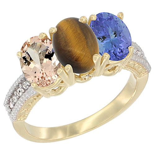 10K Yellow Gold Natural Morganite, Tiger Eye & Tanzanite Ring 3-Stone Oval 7x5 mm, sizes 5 - 10